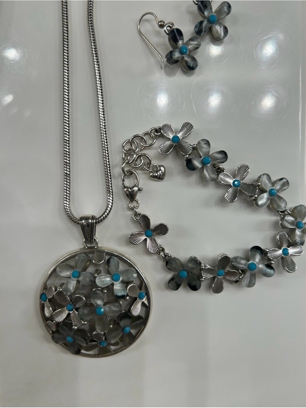 🦋BRIGHTON SET ‘EDENS GARDEN’ SLVR Turquoise Floral Necklace Bracelet & Earrings